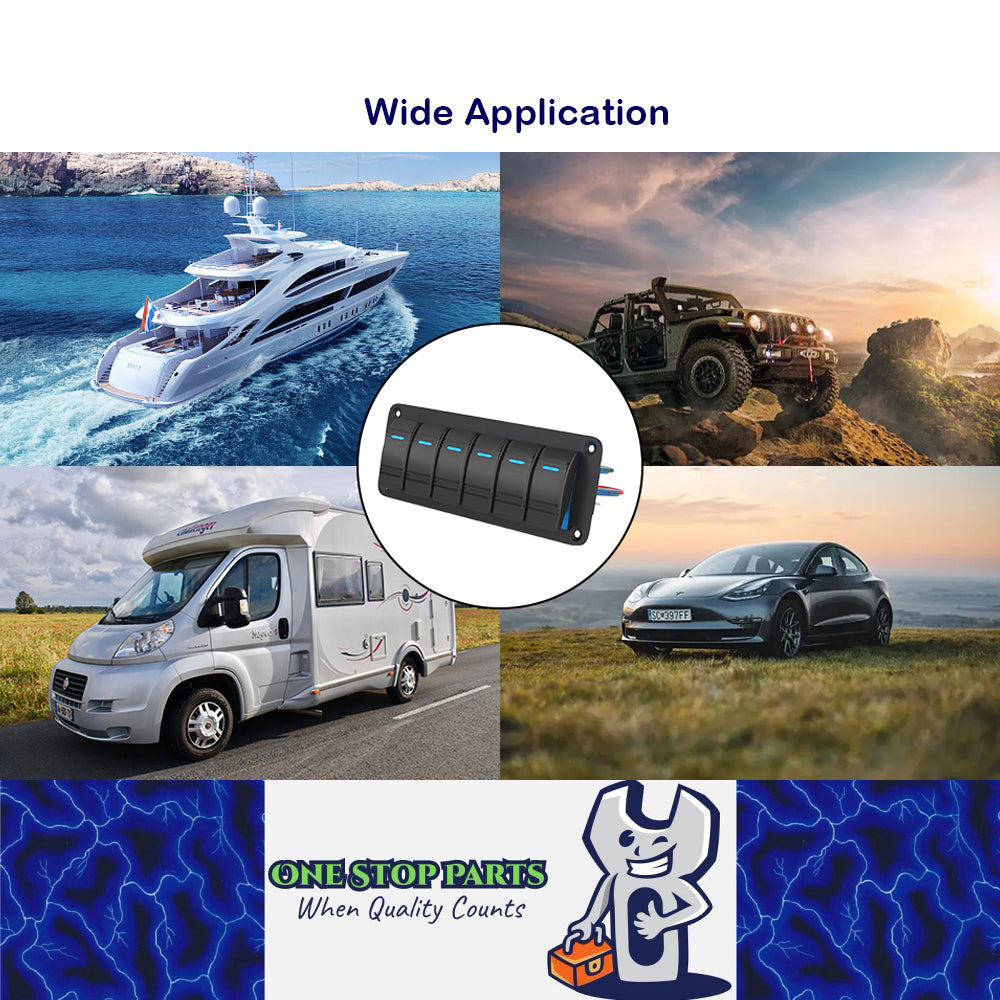 Pre-wired 6 Gang Blue LED Rocker Switch Panel 12-24V for Car Caravan Boat Marine