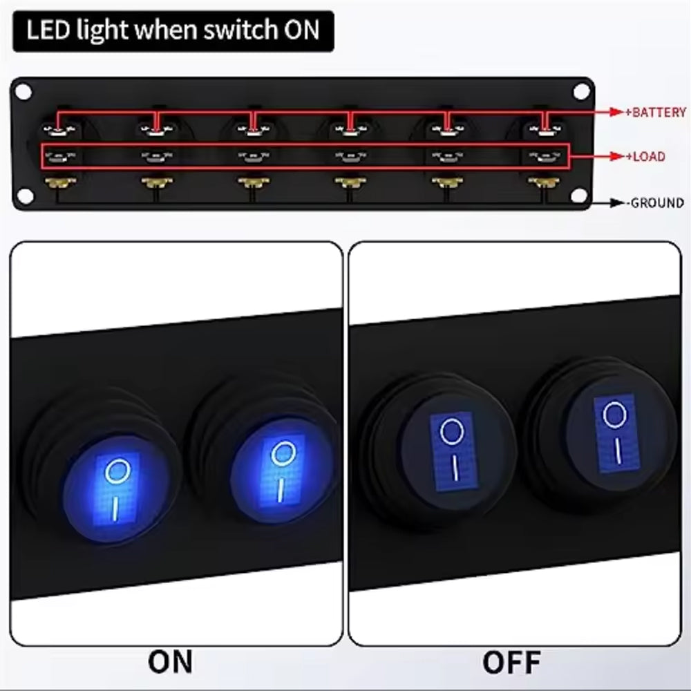 Pre Wired 6 Gang Blue LED Rocker Switch Panel 12V 20A Panel for Car Truck Marine