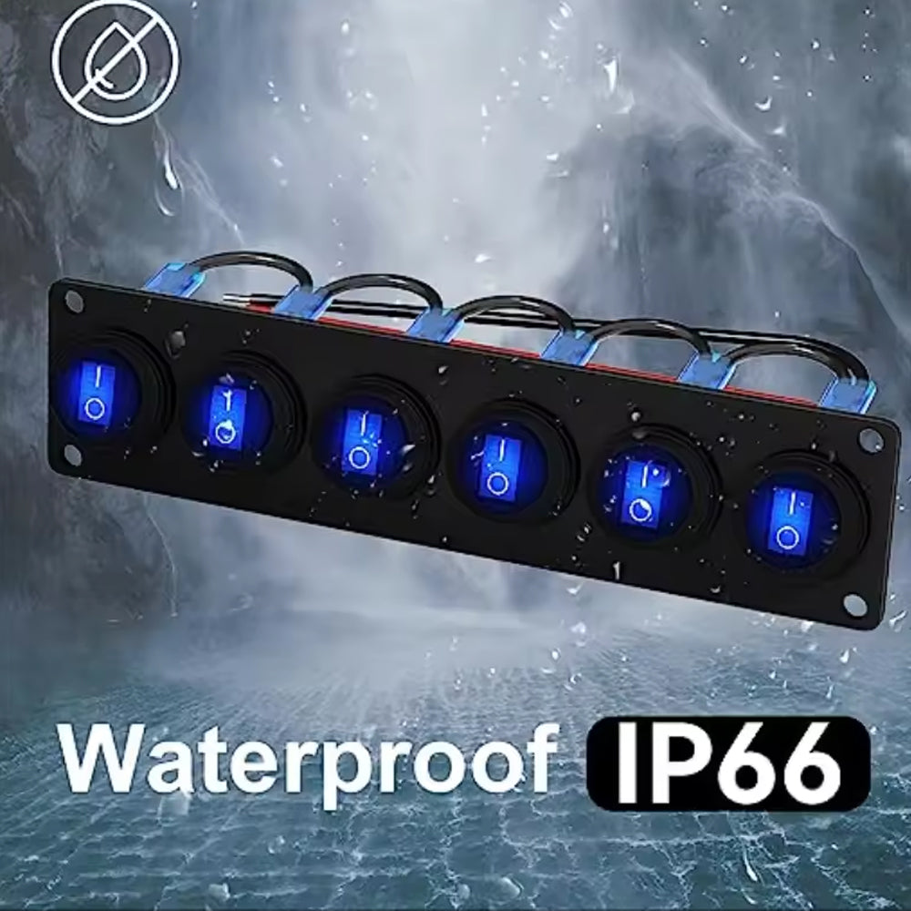 Pre Wired 6 Gang Blue LED Rocker Switch Panel 12V 20A Panel for Car Truck Marine