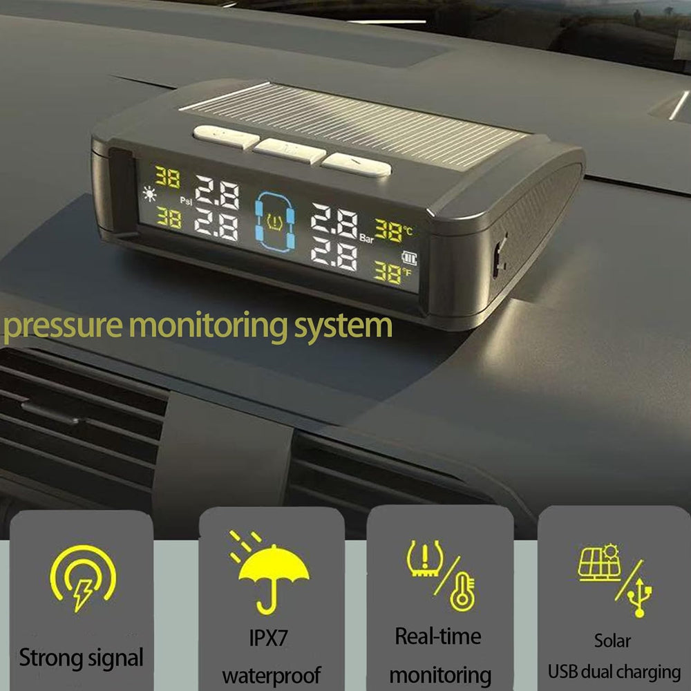 Tyre Pressure Monitor System TPMS Solar USB Tire Alarm with 4 Internal Sensors