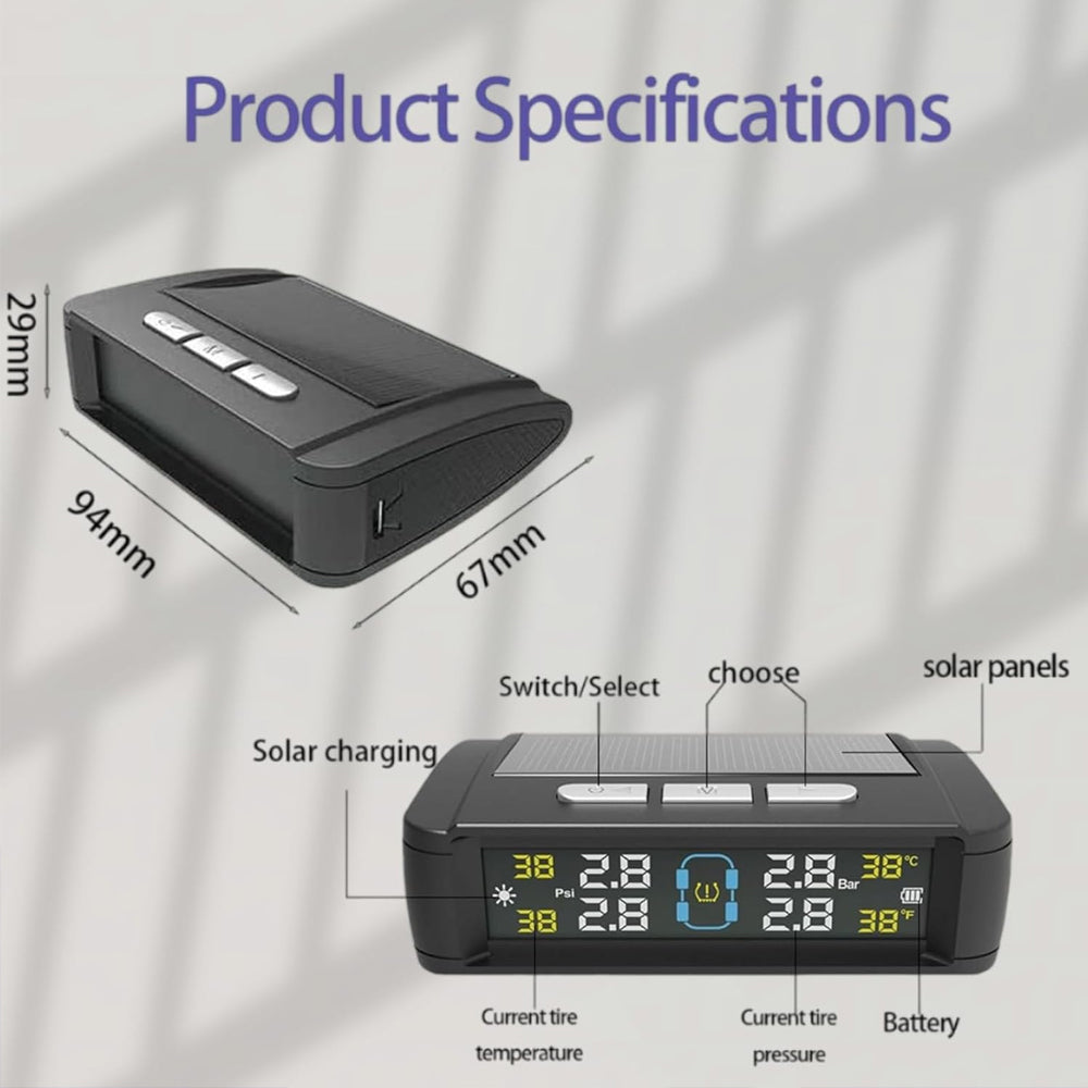Tyre Pressure Monitor System TPMS Solar USB Tire Alarm with 4 Internal Sensors