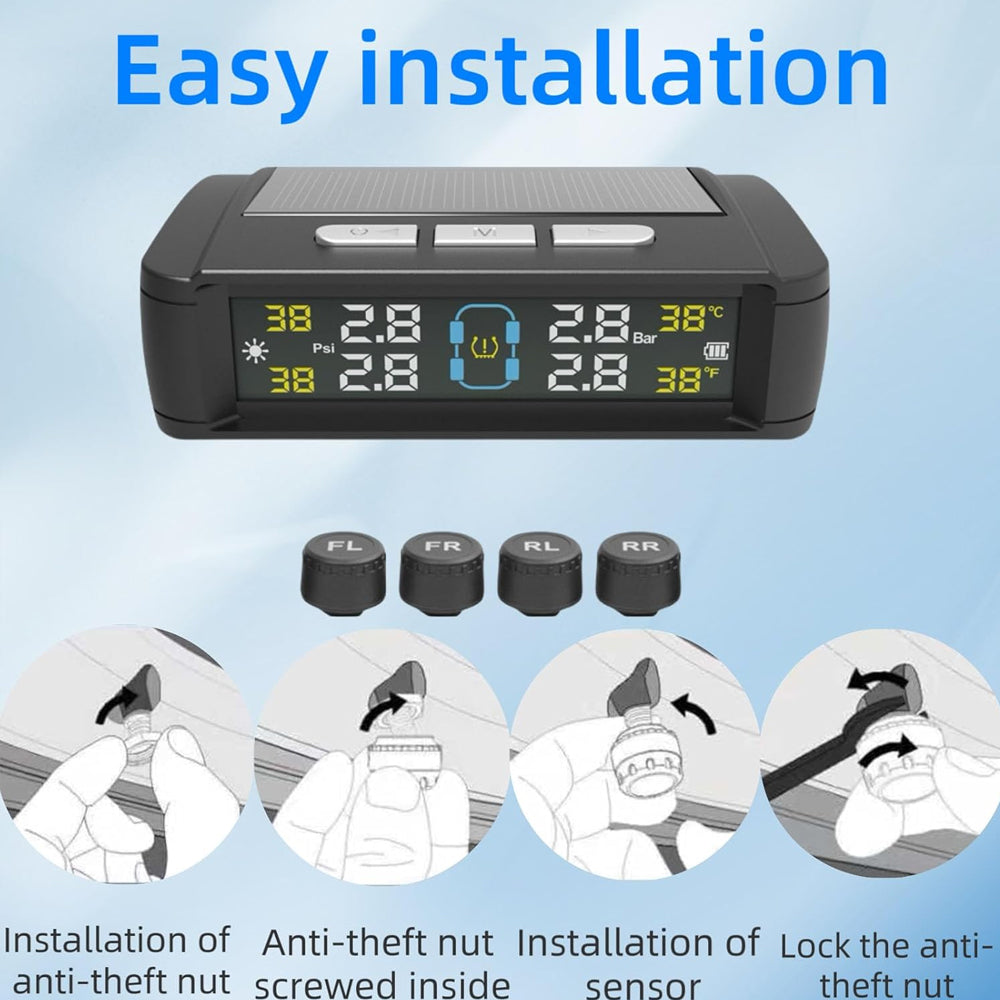 Tyre Pressure Monitor System TPMS Solar USB Tire Alarm with 4 External Sensors