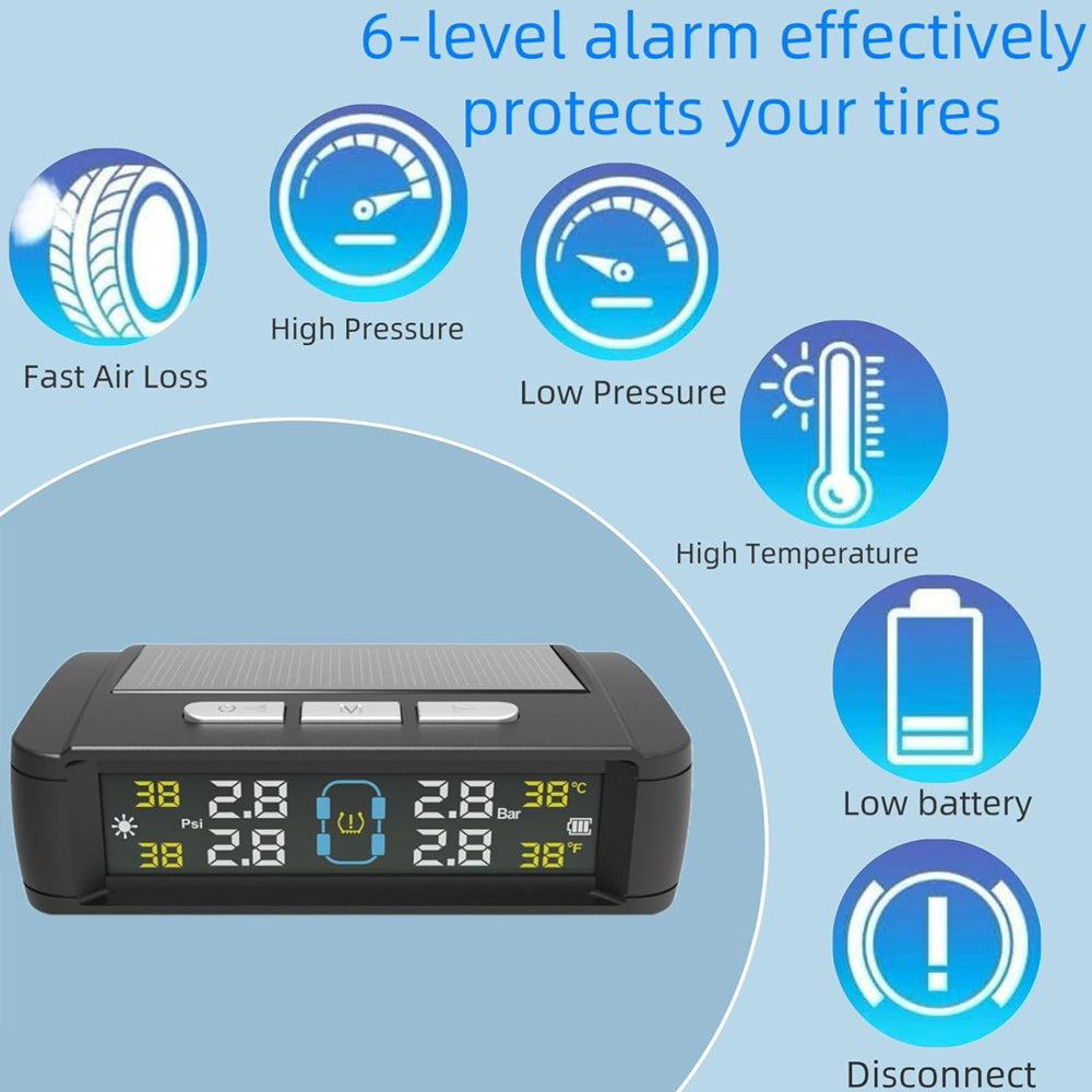 Tyre Pressure Monitor System TPMS Solar USB Tire Alarm with 4 Internal Sensors