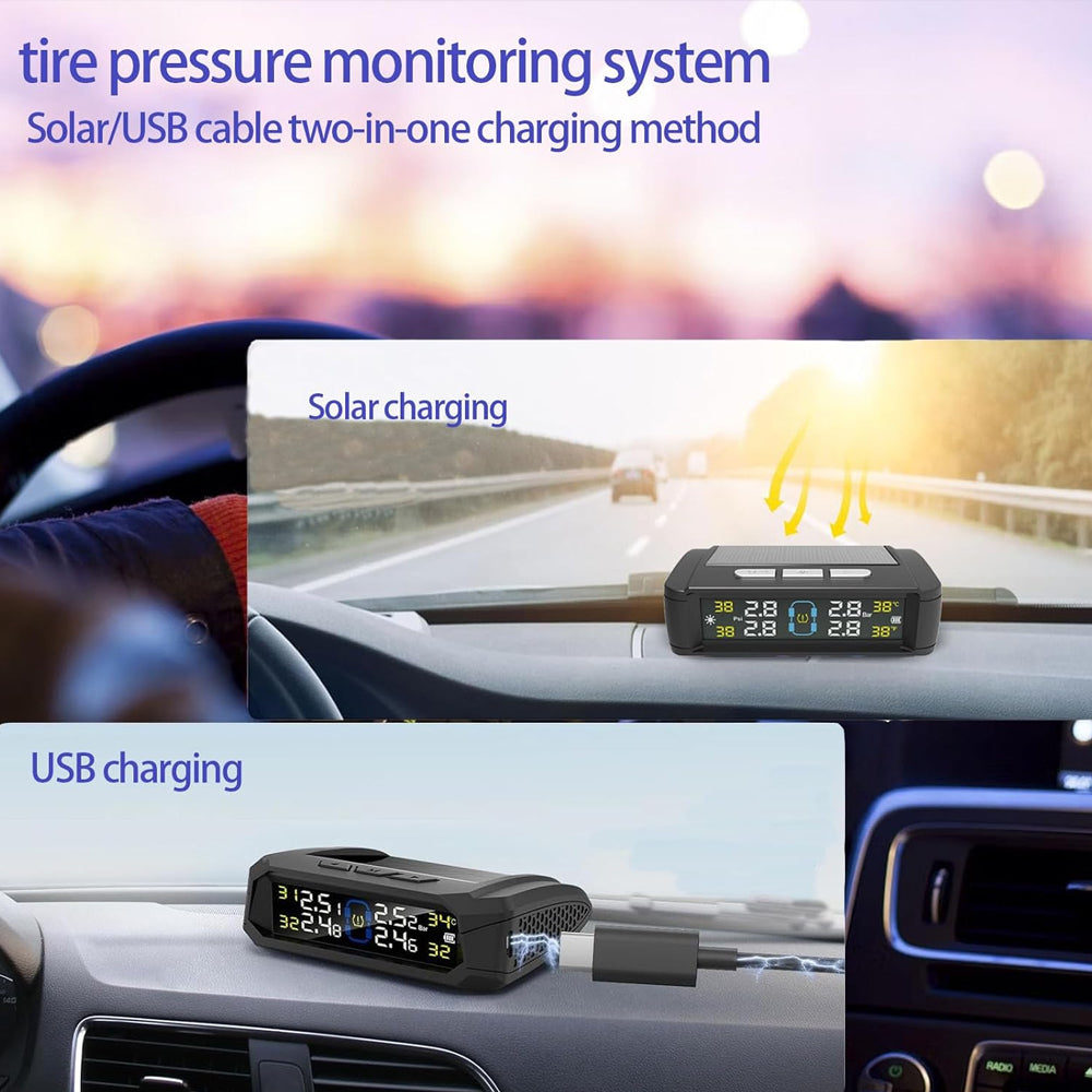Tyre Pressure Monitor System TPMS Solar USB Tire Alarm with 4 External Sensors