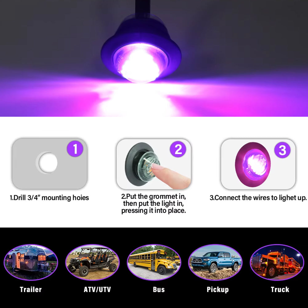 50 x Purple Round LED Side Marker Lamps 1.91CM 3LED 12V LED Indicator Lights