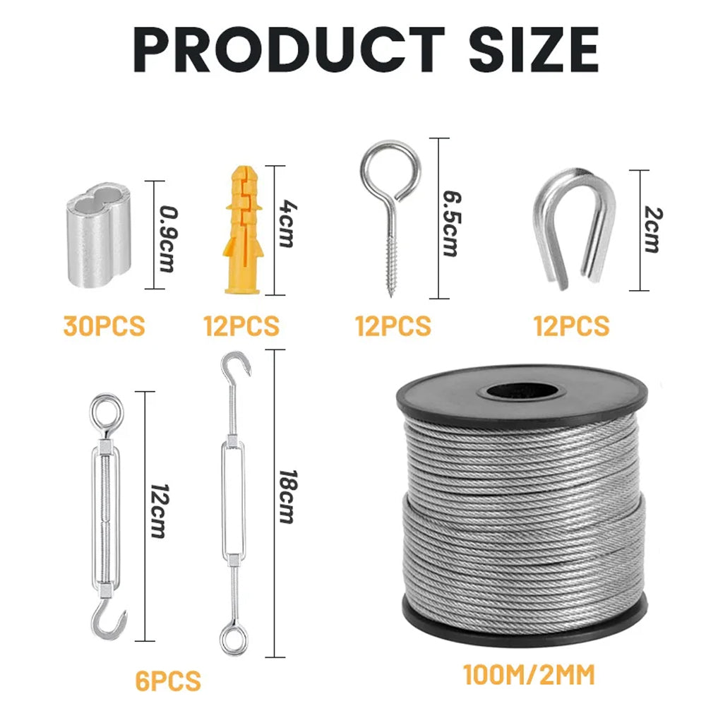 100m x 2mm PVC Coated 304 Stainless Steel Cable Kit with 72 Accessories WireRope