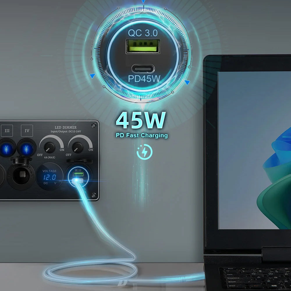 Switch Panel LED Dimmer Switch PD+QC3.0 USB Charger Voltmeter and Power Socket