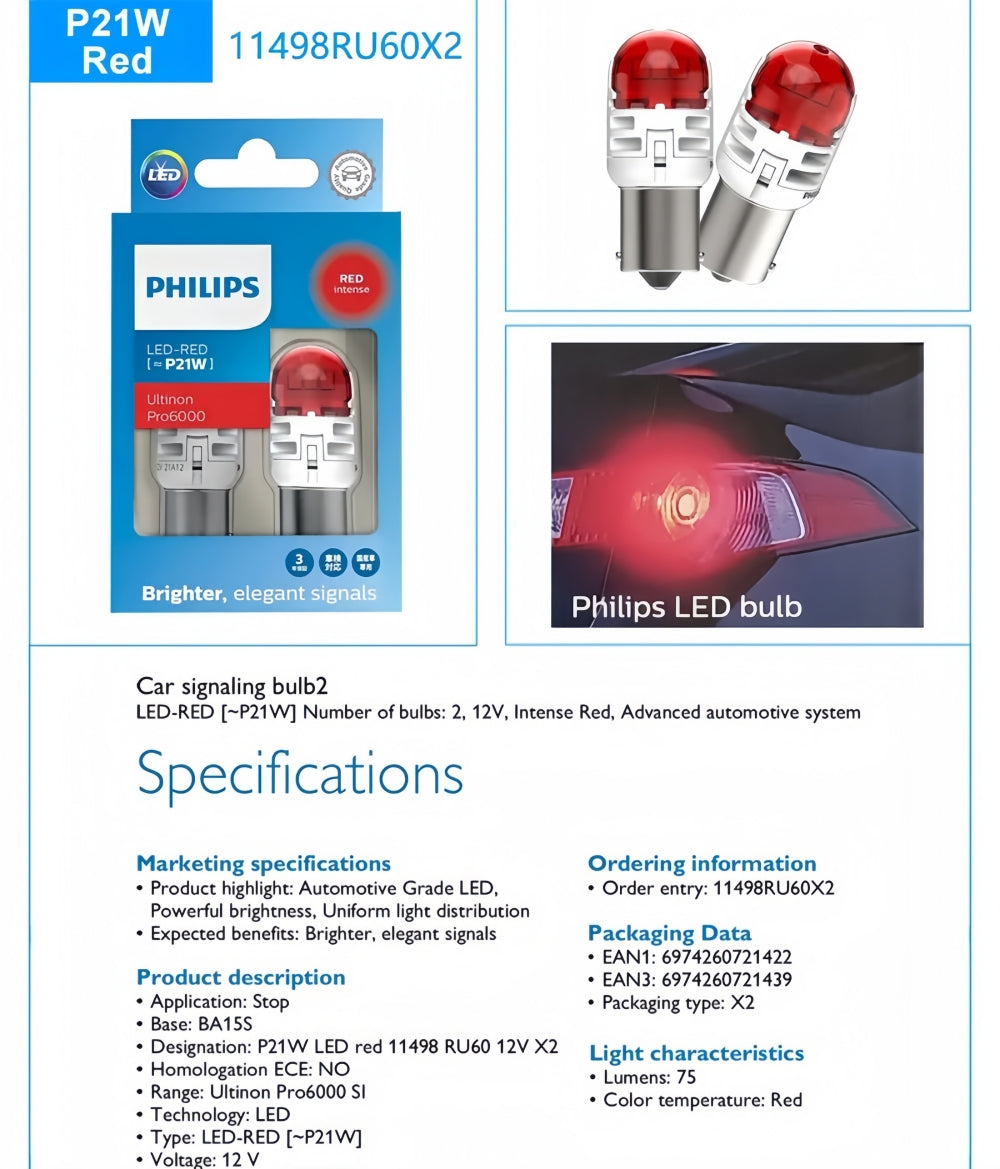 2 x Philips 1156 BA15S Red LED Globes 12V P21W LED Signal Light Stop/Tail Lamp