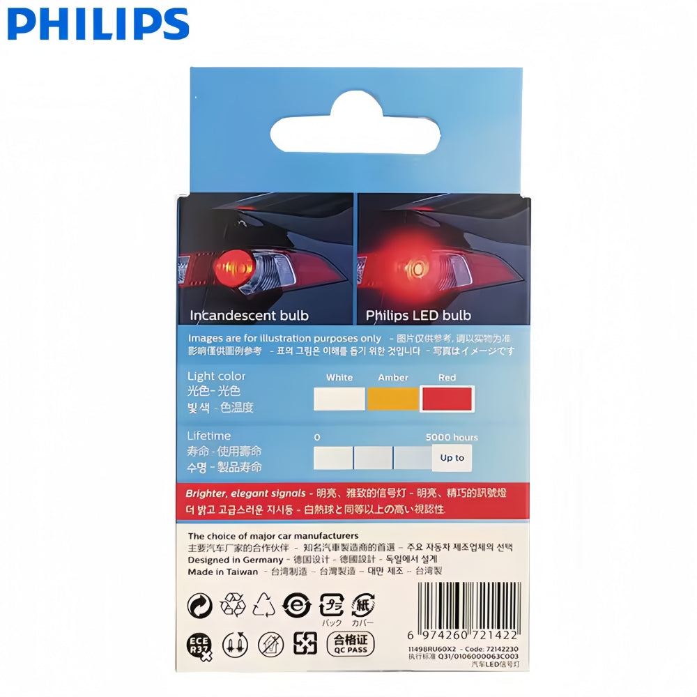 2 x Philips 1156 BA15S Red LED Globes 12V P21W LED Signal Light Stop/Tail Lamp