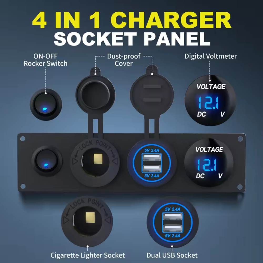 12V 24V 1 Gang Rocker Switch Panel LED Voltmeter Dual USB Port 12V Outlet 4 in 1