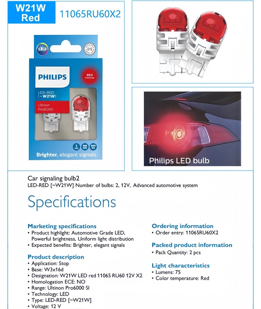 2 x Philips T20 7440 Red LED Globes 12V Philips 7440 Red LED Tail Signal Light