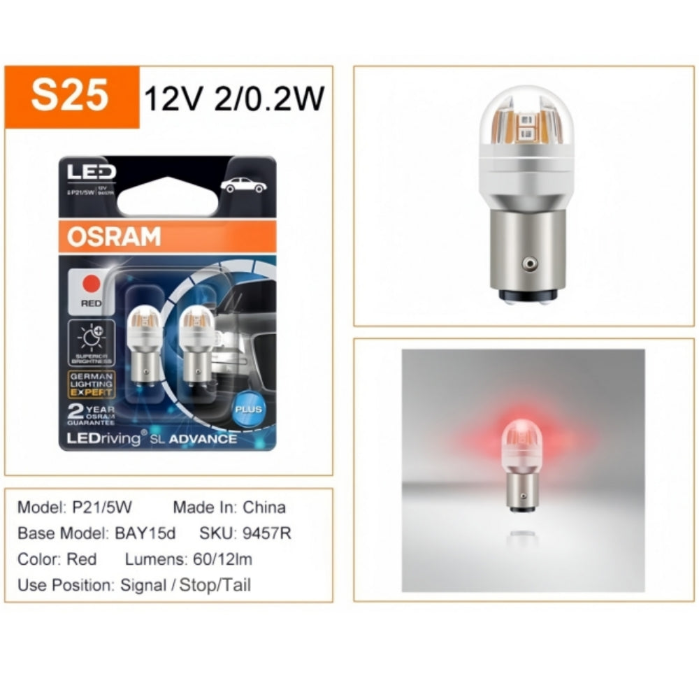 2 x OSRAM 1157 BAY15D Red LED Globes 12V P21/5W LED Signal Light Stop/Tail Lamp