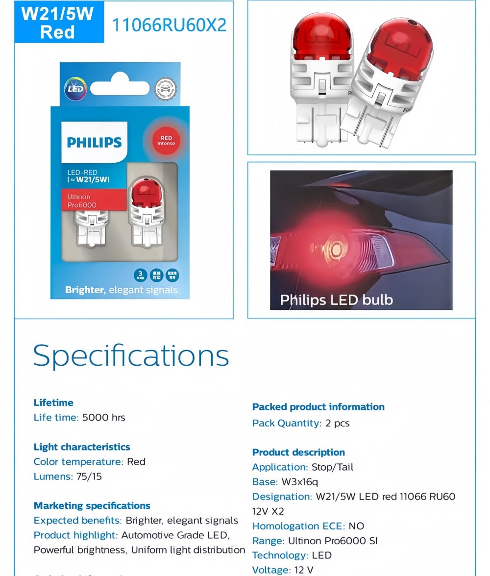 2 x Philips T20 7443 Red LED Globes 12V Philips 7443 Red LED Tail Signal Light