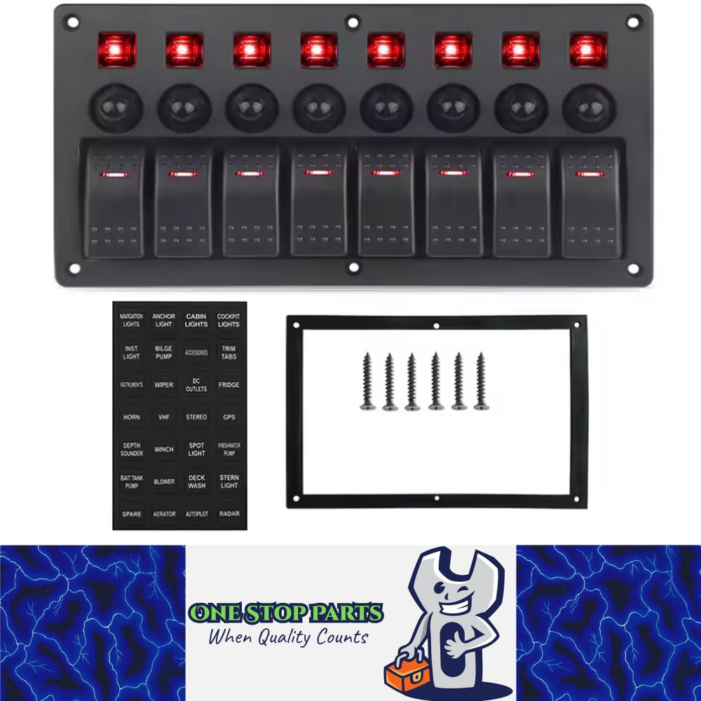8 Gang Rocker Switch Panel Red LED Lights Pre-Wired with Circuit Breakers