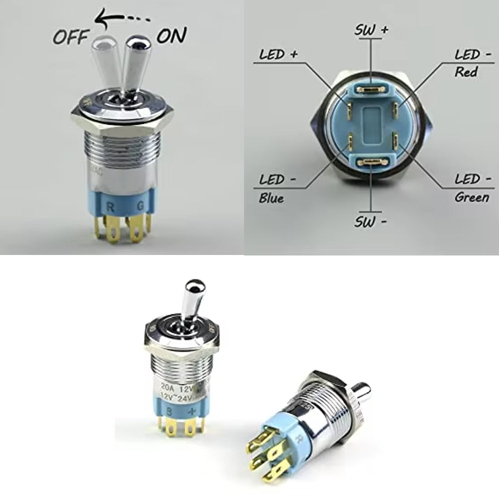 1 x RGB LED Toggle Switch 16mm 12V 24V SPST On/Off IP67 for Car Marine Boat