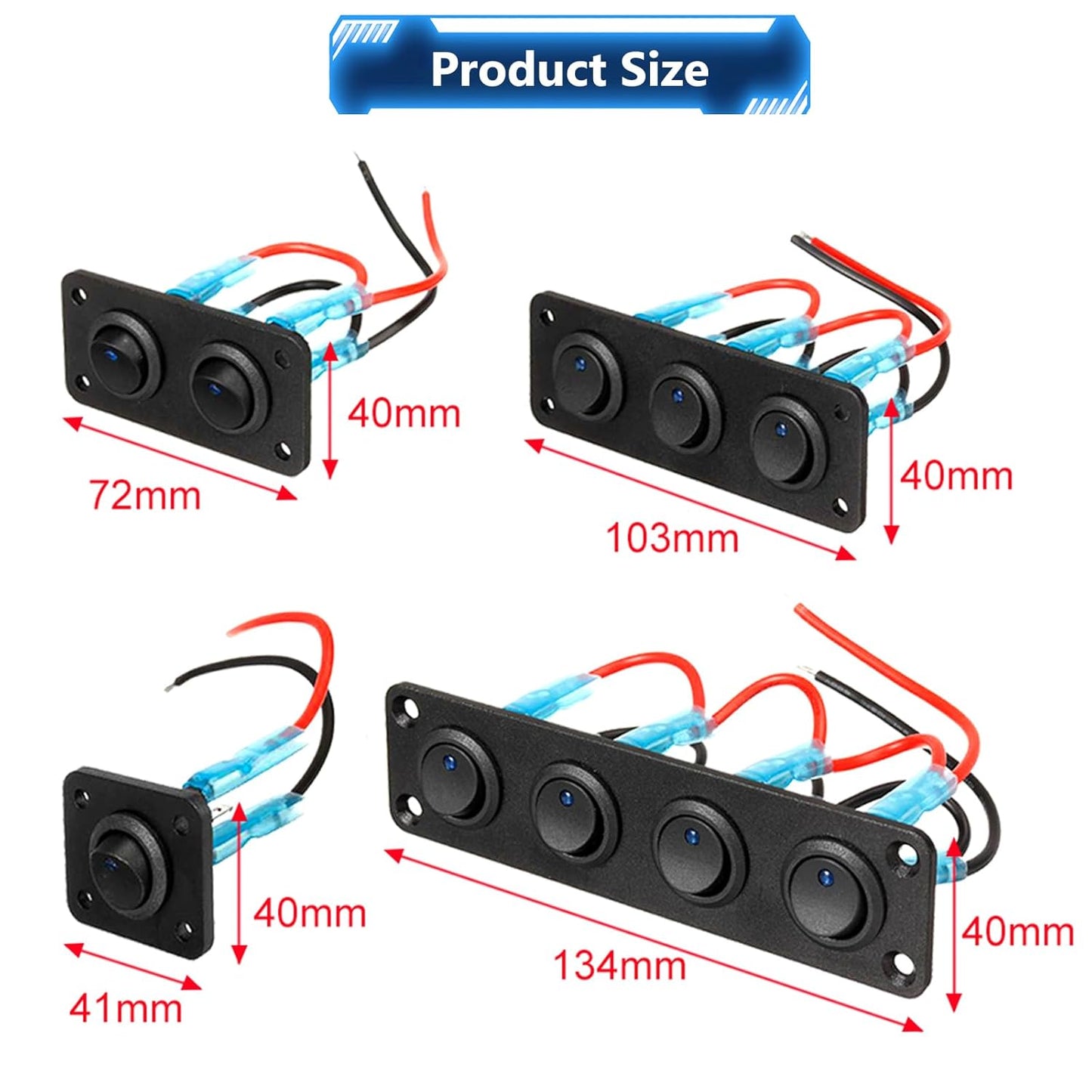 12/24V 4 x Rocker Button Switches on Panel with Blue LED Pre Wired with Screws