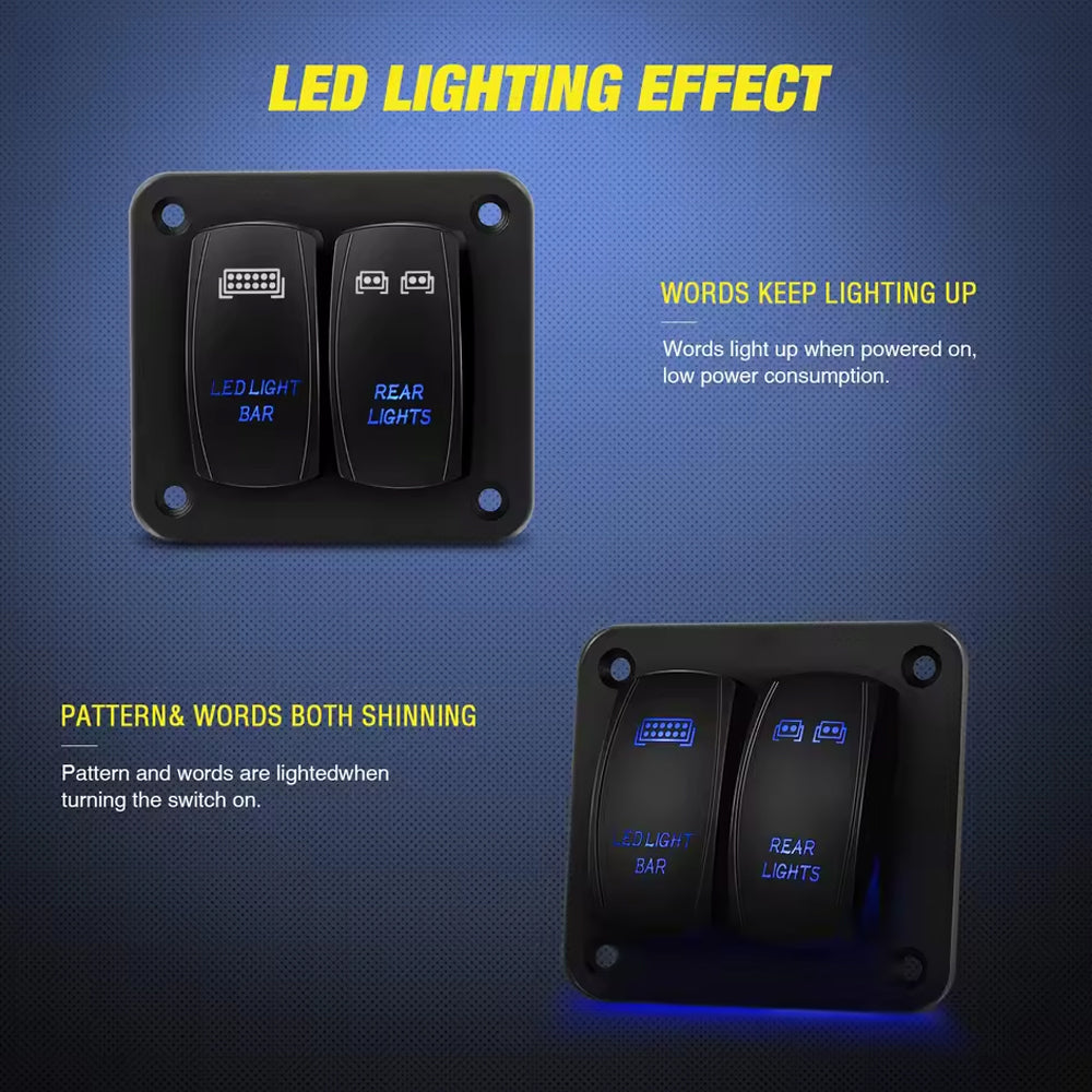 2 Gang Rocker Switch Panel Blue LED Light Bar Switch and Rear Lights Switch