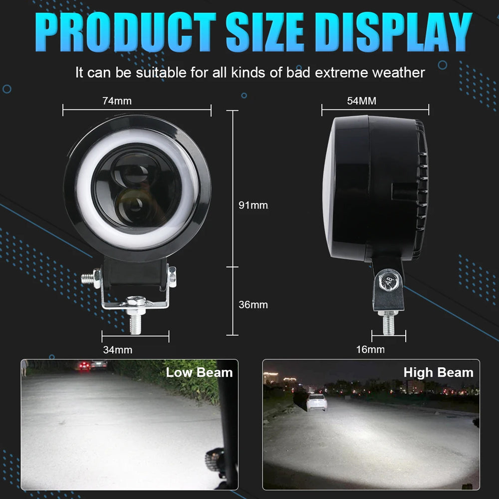 1 x 74mm Round LED Driving Light with High/Low Beam Halo Red DRL 20W Work Light