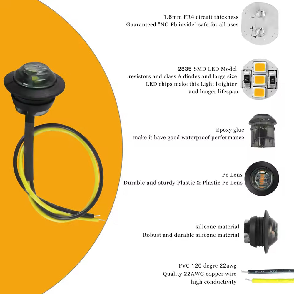 50 x Amber Round LED Side Marker Lamps 1.91CM 3LED 12V LED Side Marker Lamps