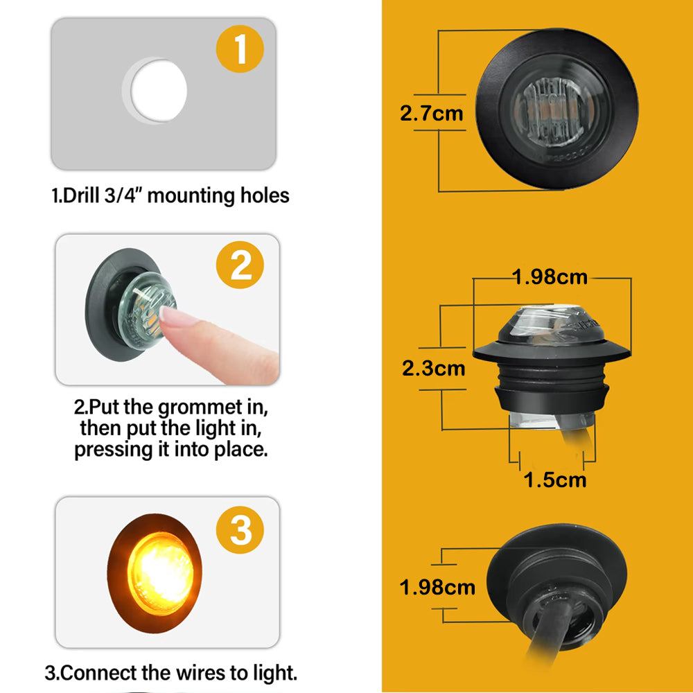 50 x Amber Round LED Side Marker Lamps 1.91CM 3LED 12V LED Side Marker Lamps