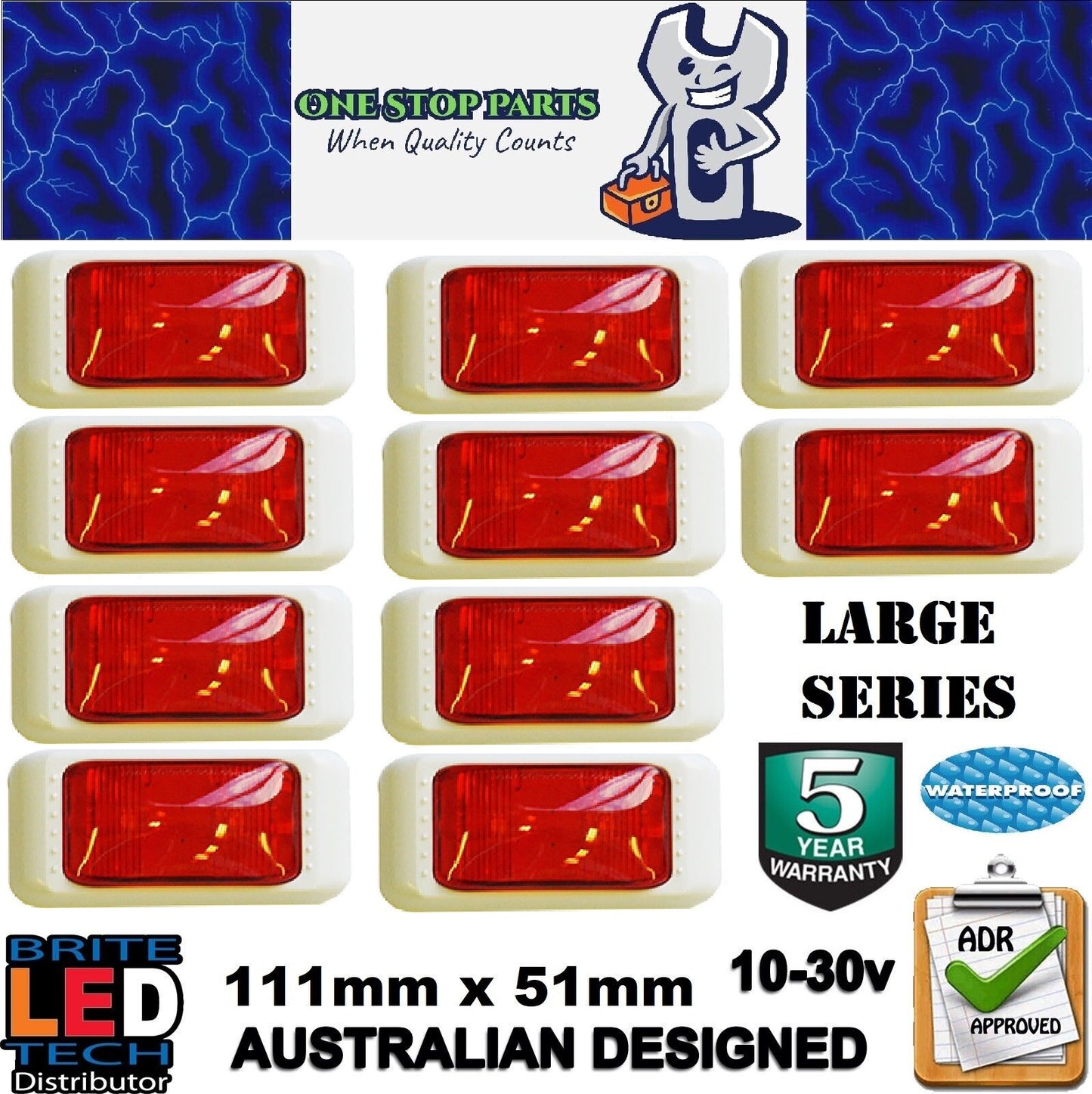 10 X LED LARGE RED MARKER LIGHTS LAMPS WITH WHITE BODY SURROUNDS (10PCS)