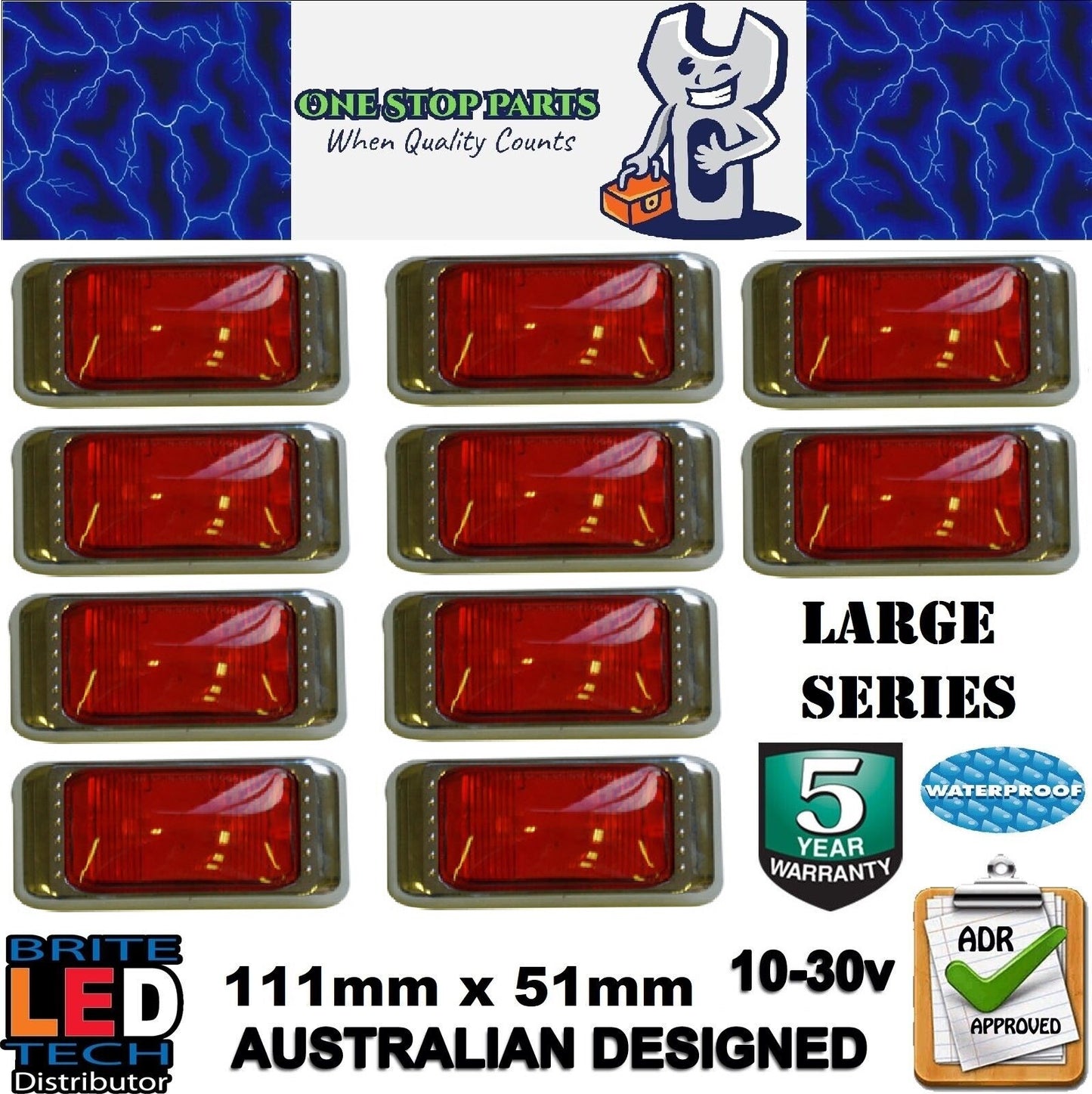 10 X LED LARGE RED MARKER LIGHTS LAMPS WITH CHROME BODY SURROUNDS (10PCS)