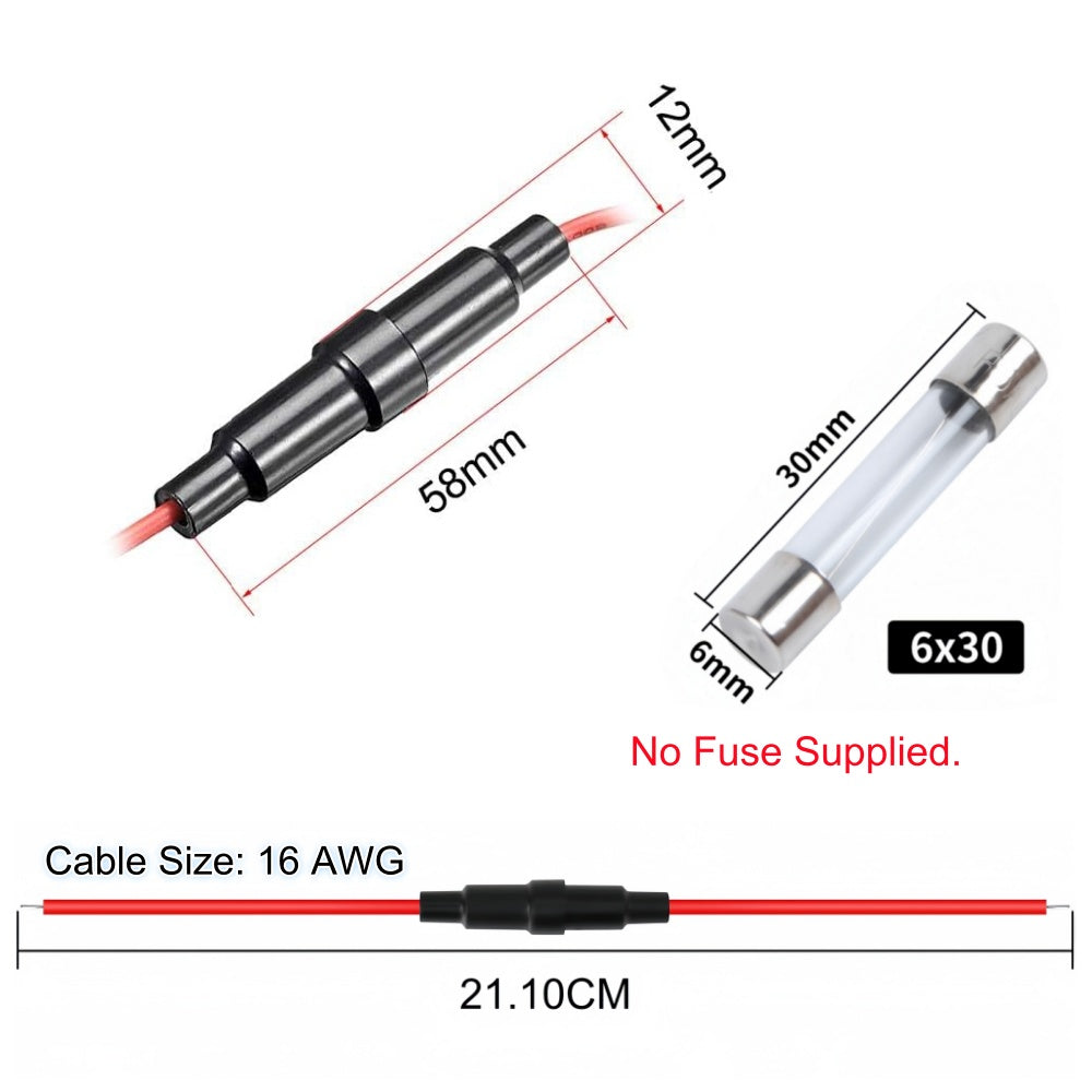 5 x Inline Glass Fuse Holders Suits 6mm x 30mm Glass Fuses with 16AWG Wires