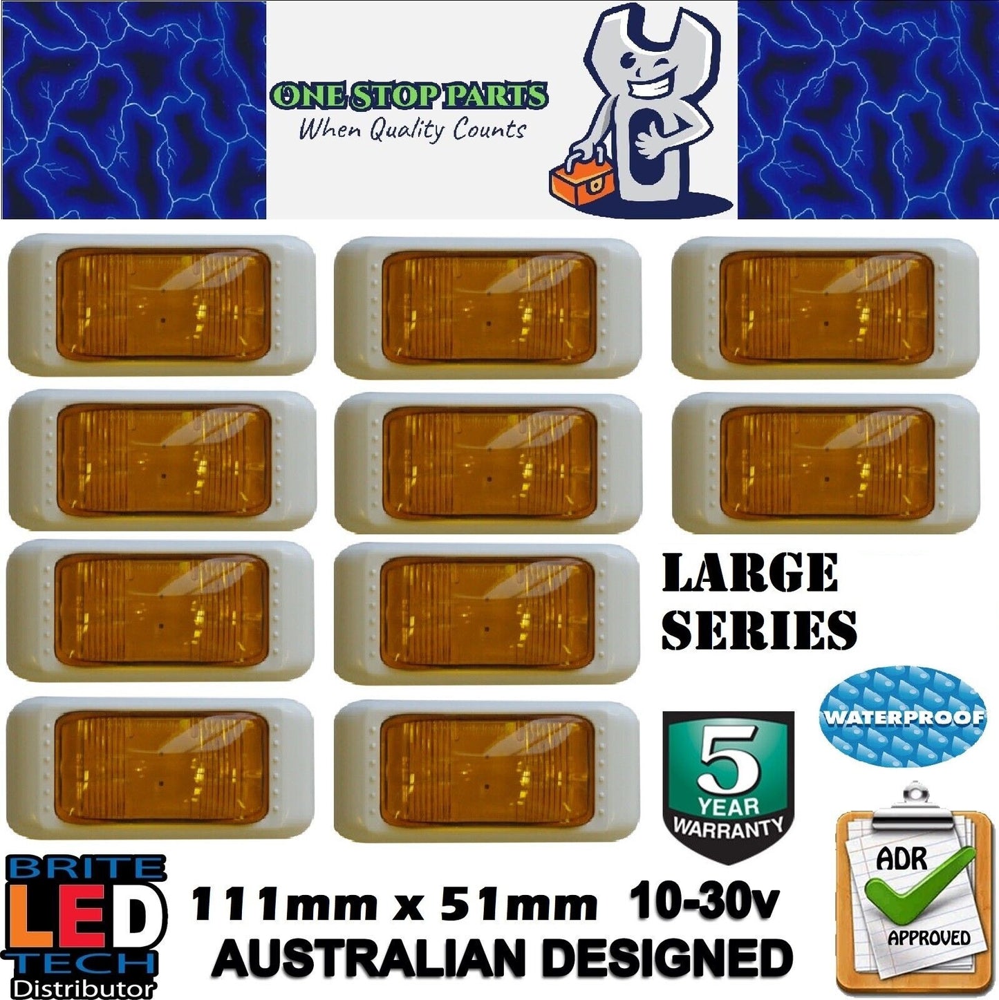 10 LARGE SERIES AMBER LED SIDE MARKER LIGHTS WITH WHITE SURROUNDS (10PCS)