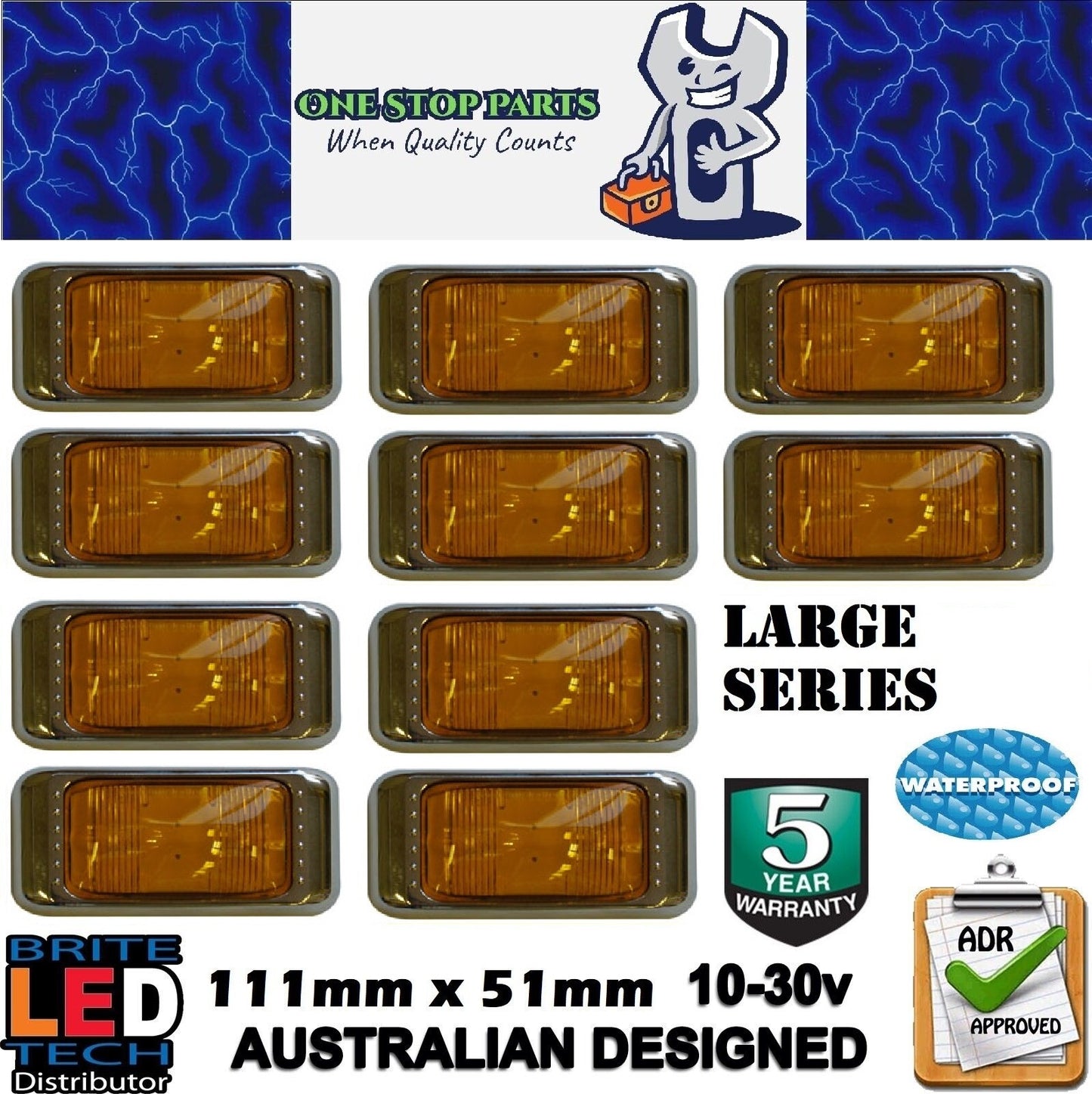 10 LARGE SERIES AMBER LED SIDE MARKER LIGHTS WITH CHROME SURROUNDS (10PCS)