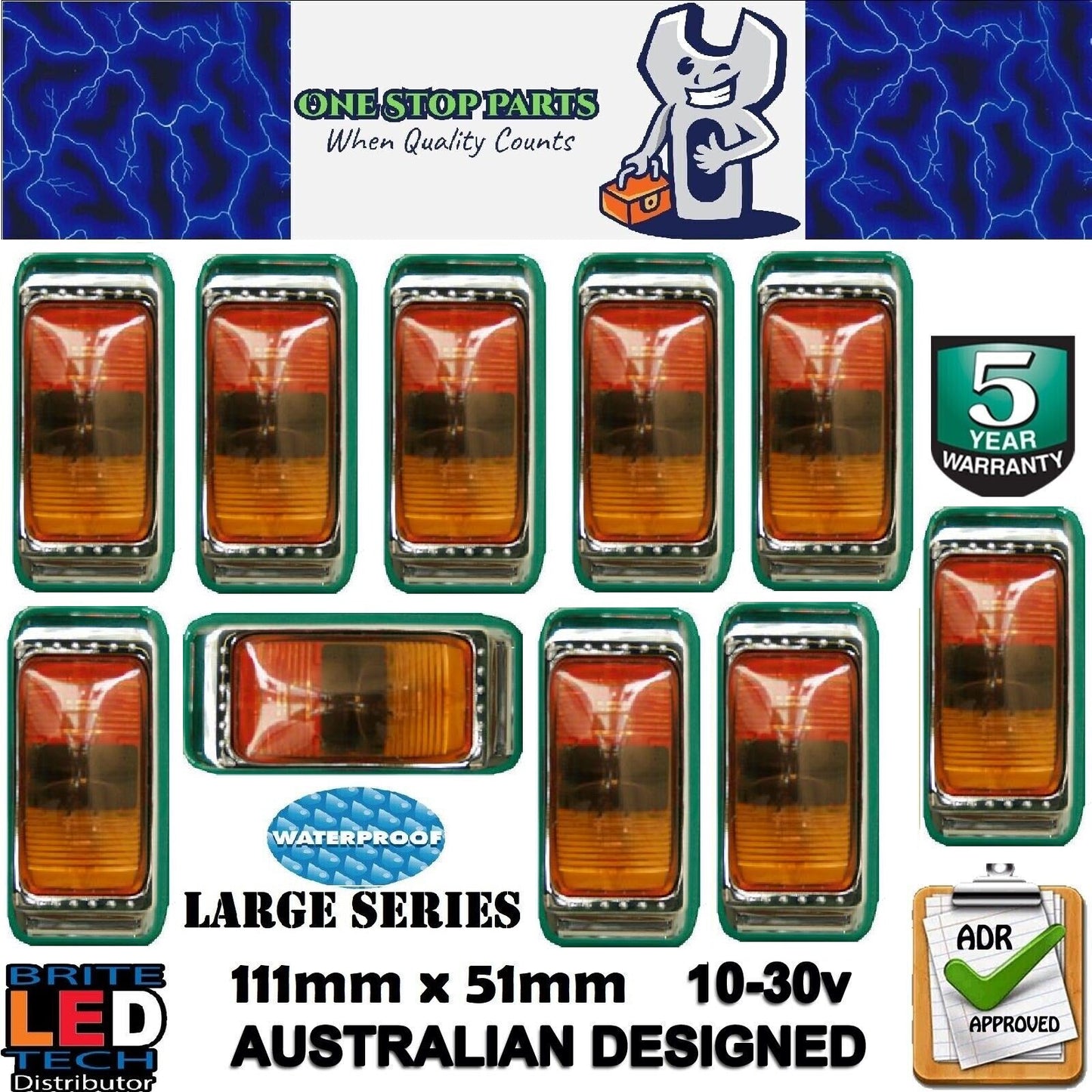 10 LARGE LED SIDE MARKER LIGHTS SIDE LAMPS AMBER RED WITH CHROME BODY (10pcs)