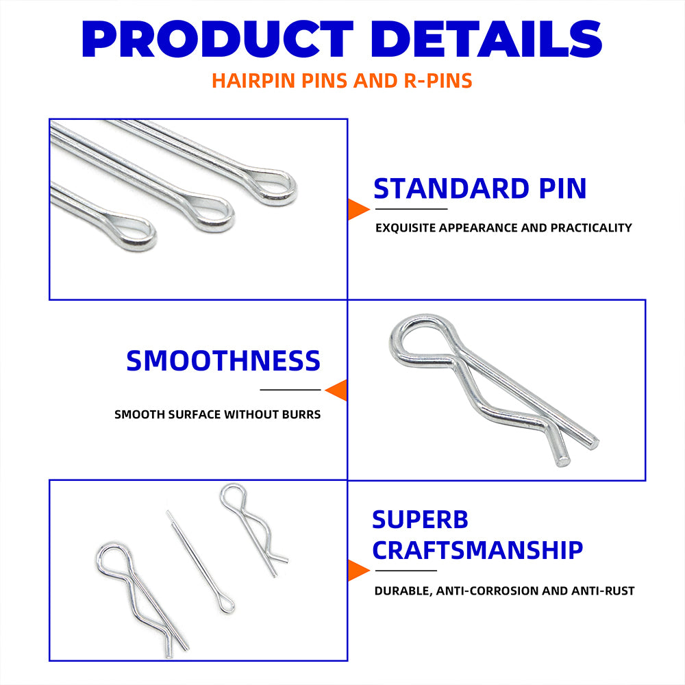 458pcs Cotter Pins and R Pins Assortment Kit 10 sizes Hairpin Cotter Pins R Clip