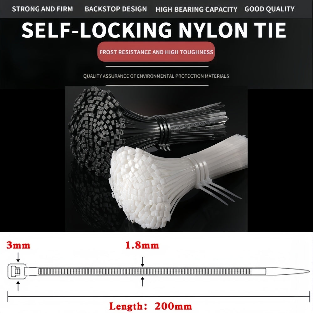 1000 x 200mm Black Cable ties 1.8mm x 200mm Black Plastic Nylon Ties (1000pcs)