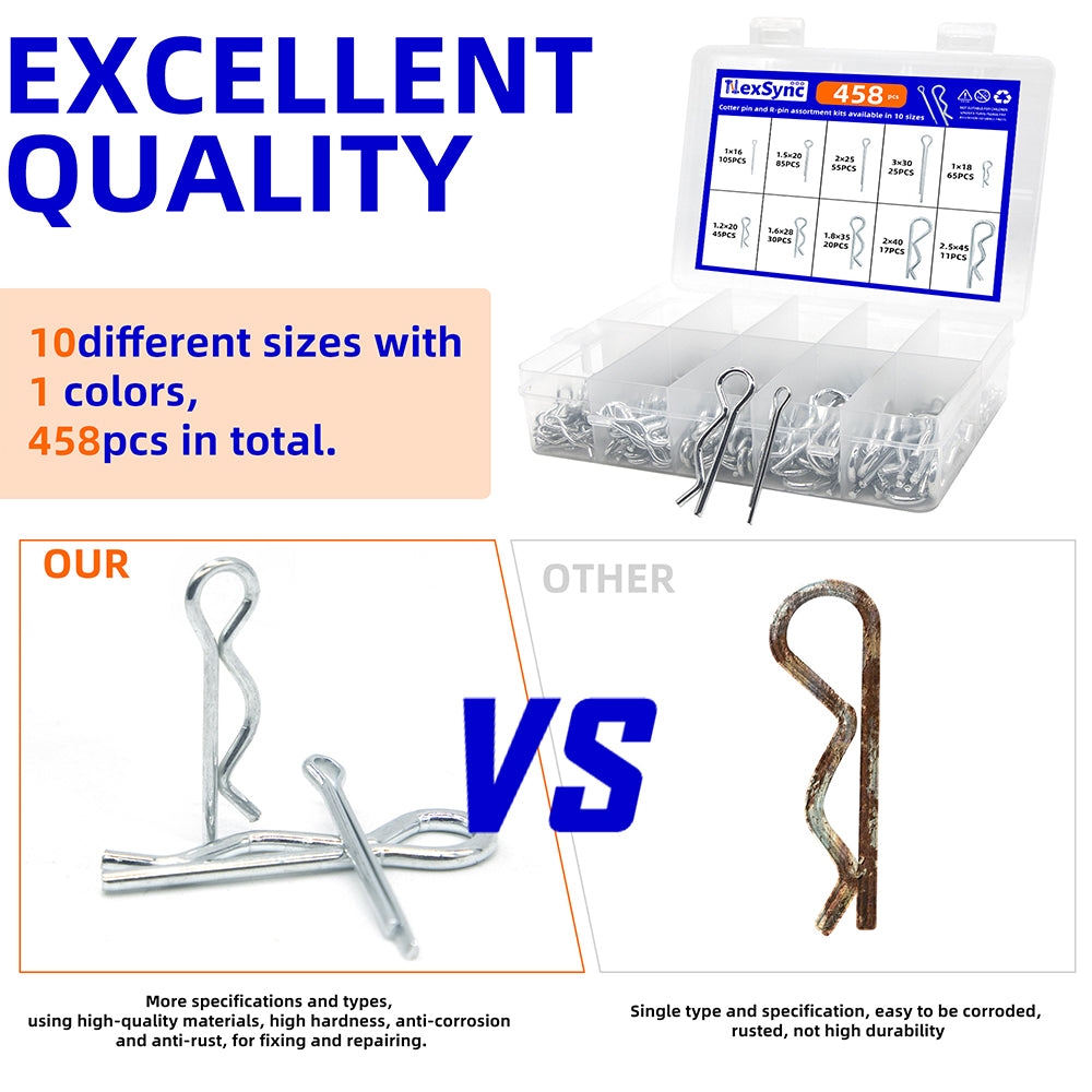 458pcs Cotter Pins and R Pins Assortment Kit 10 sizes Hairpin Cotter Pins R Clip