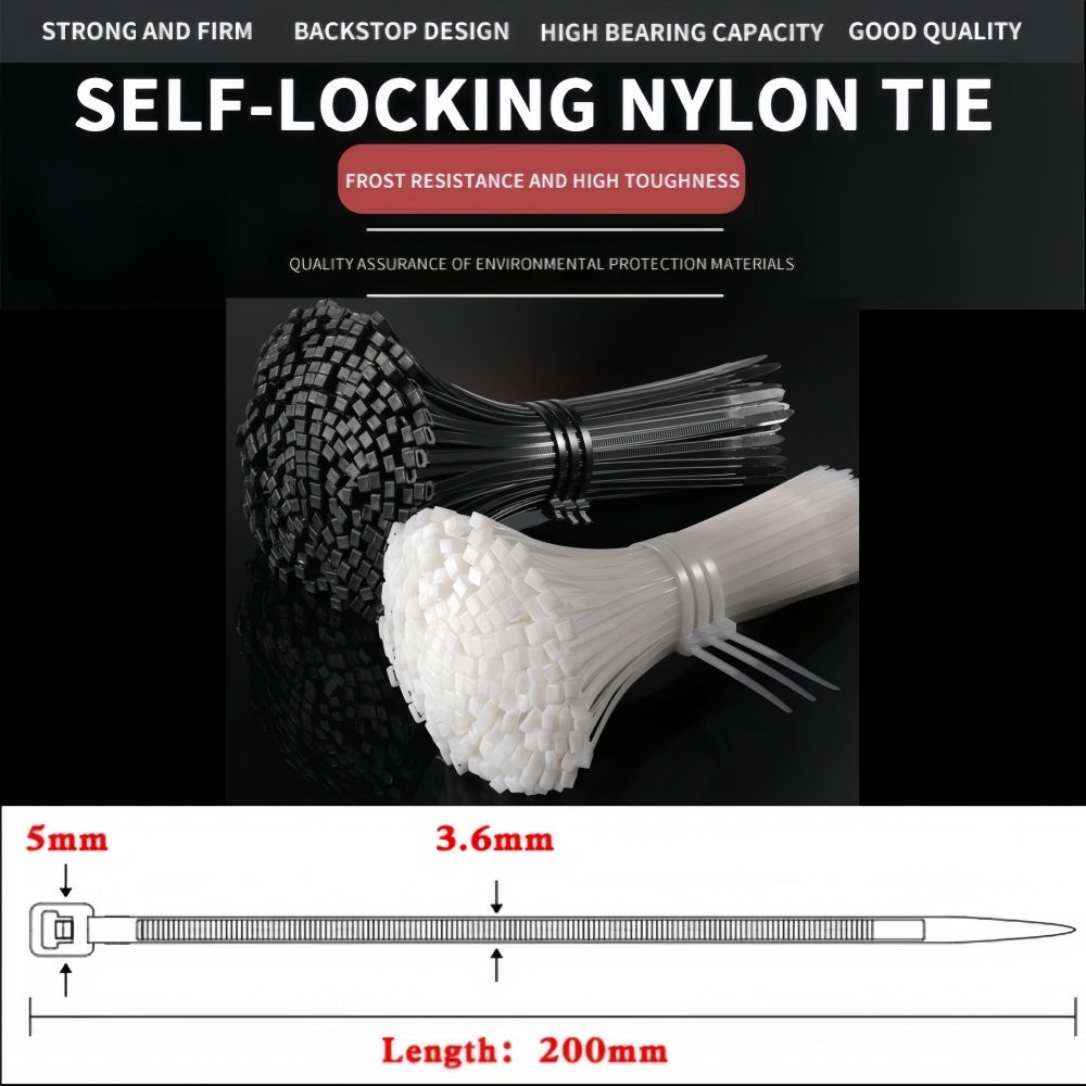 1000 x 200mm Black Cable ties 3.6mm x 200mm Black Plastic Nylon Ties (1000pcs)