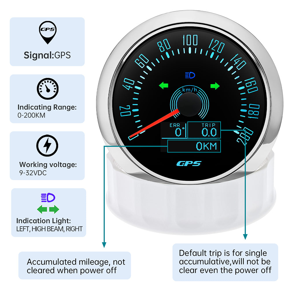 12v - 24v 85mm Hole White GPS Speedo 0-200kmh odo trip white 7 color backlight