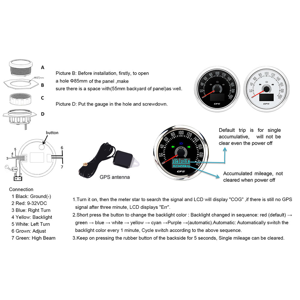 12v - 24v 85mm Hole White GPS Speedo 0-200kmh odo trip white 7 color backlight