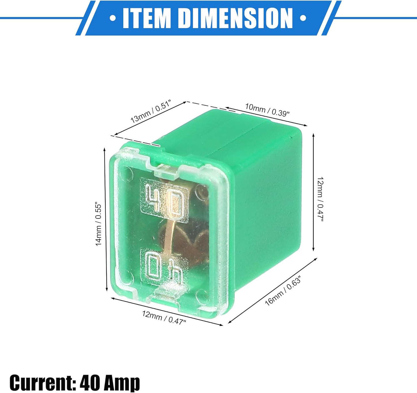 1 x 40Amp Green Mini Slow Blow Fuse Block 10mmx12mm x 16mm High 40A Fuse (1pc)
