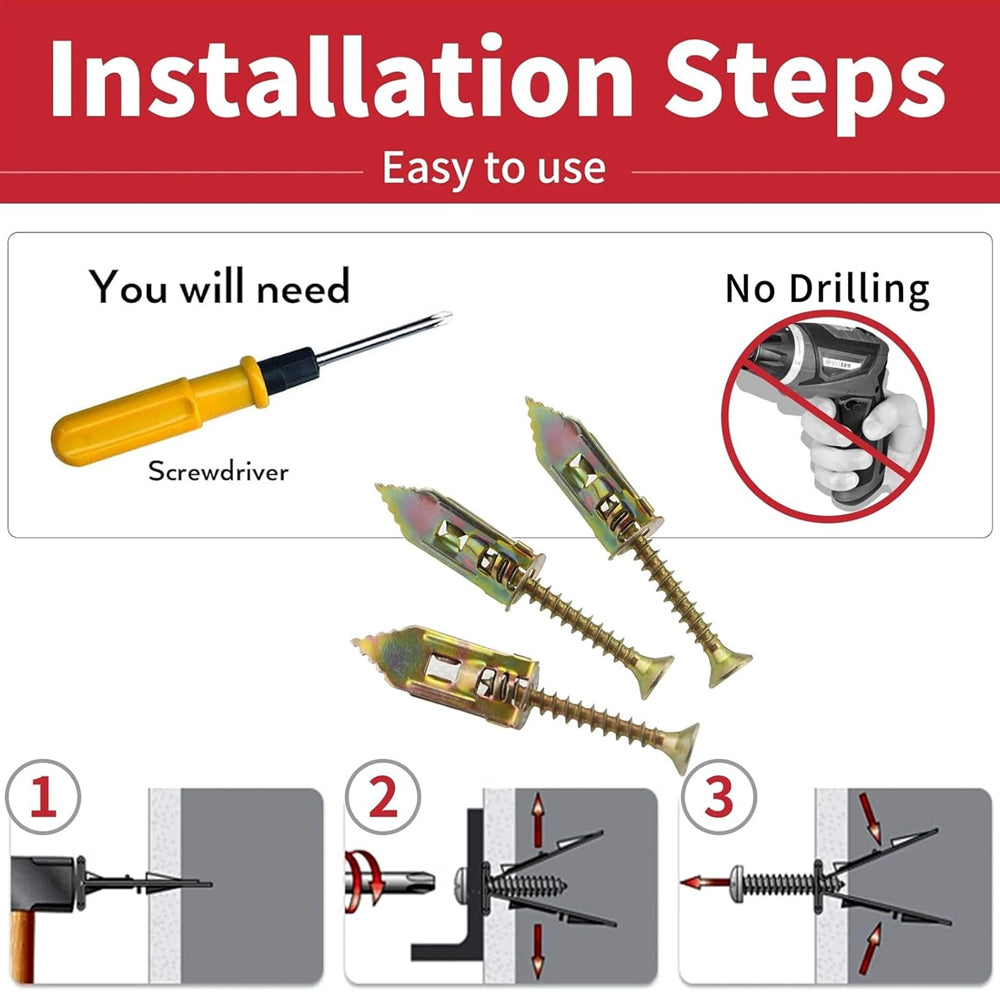 100 Sets Drywall Anchors & Screws Kit 30mm No Drill Wall For TV Shelf Cabinet