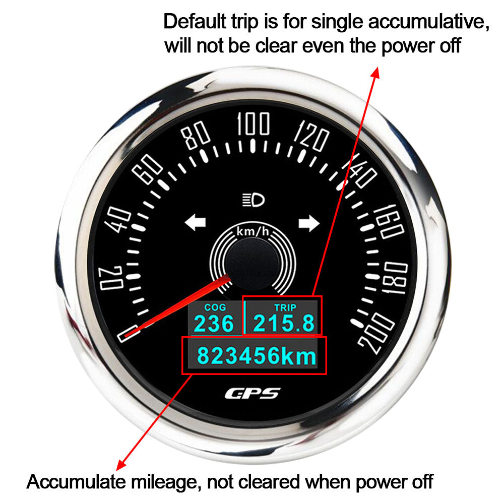 12v - 24v 85mm Hole White GPS Speedo 0-200kmh odo trip white 7 color backlight