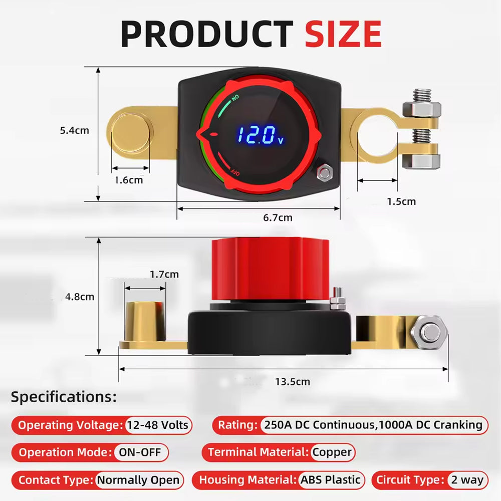 250A Top Post Battery Disconnect Switch 12-48V LED Voltmeter Battery Clamp Post