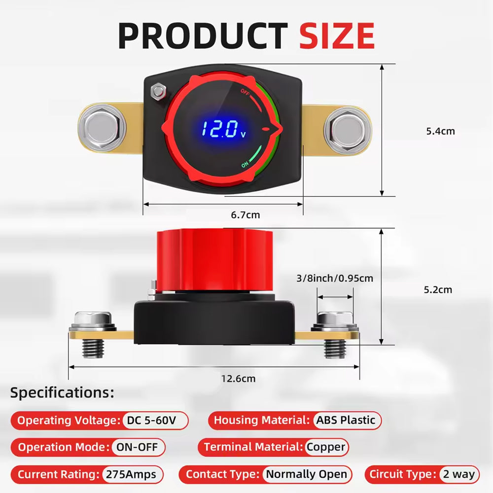 Side Post Battery Disconnect Switch 275A 12-48V LED Voltmeter Cut Off Switch
