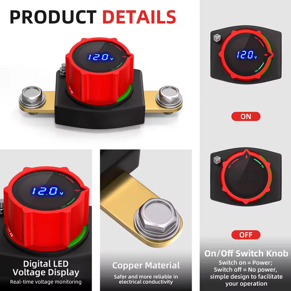 Side Post Battery Disconnect Switch 275A 12-48V LED Voltmeter Cut Off Switch