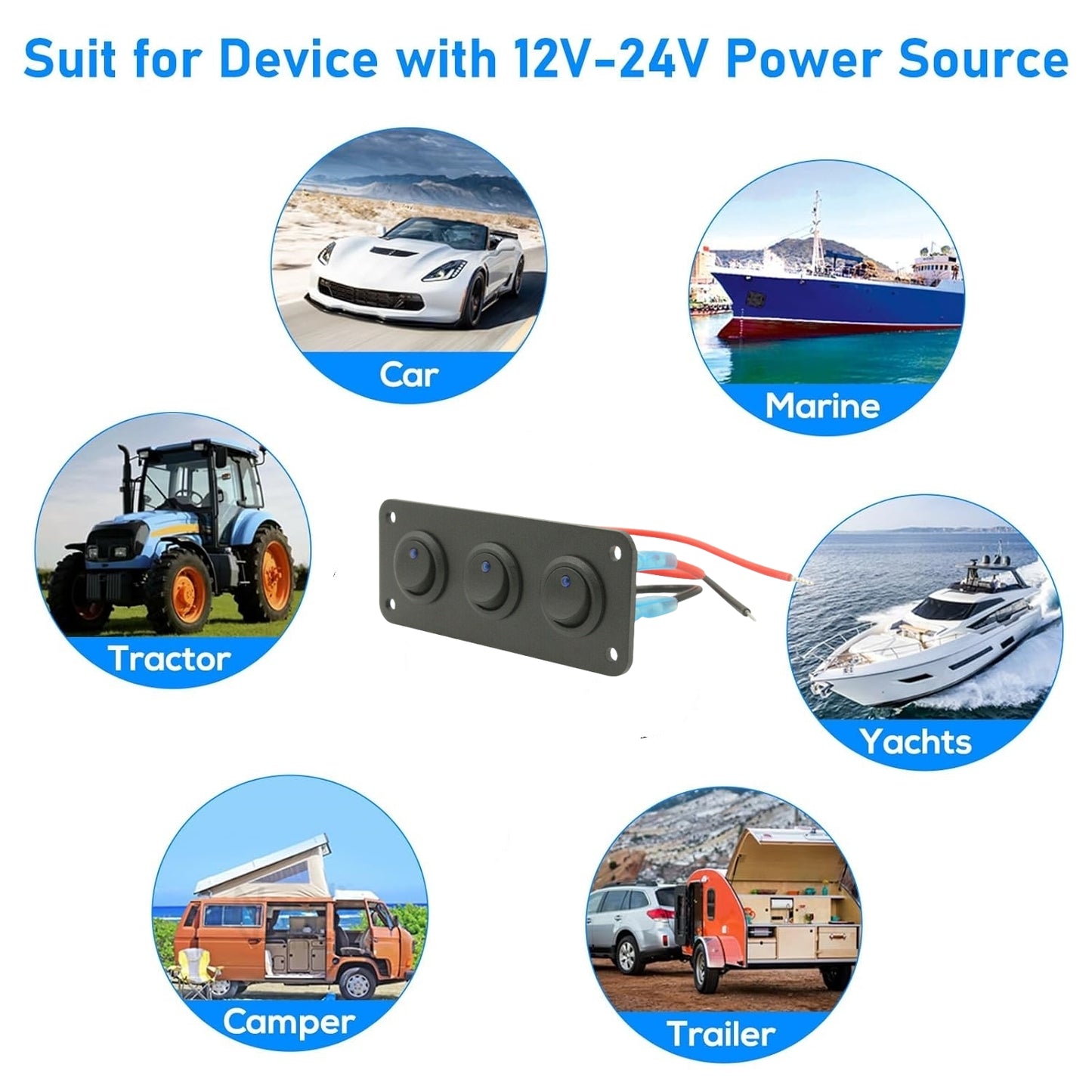 12/24V 3 x Rocker Button Switches on Panel with Blue LED Pre Wired with Screws