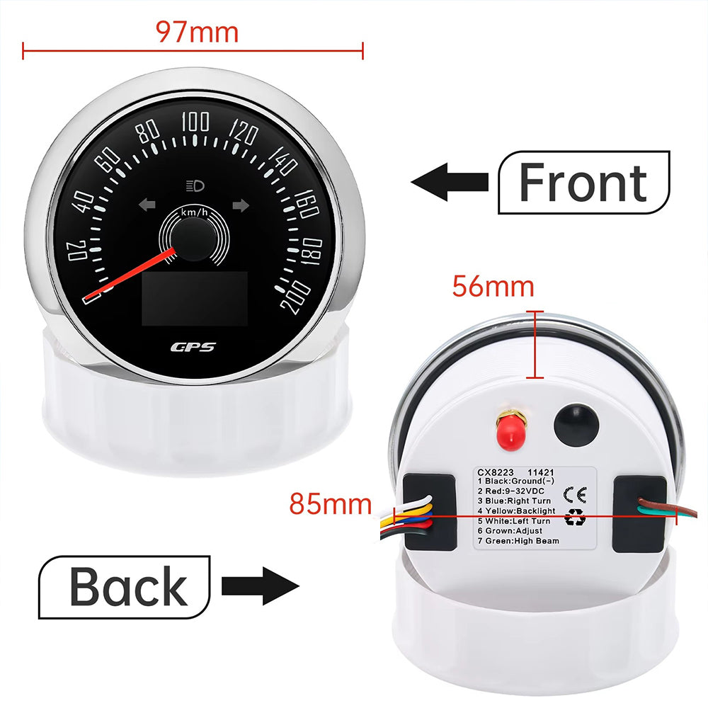12v - 24v 85mm Hole White GPS Speedo 0-200kmh odo trip white 7 color backlight