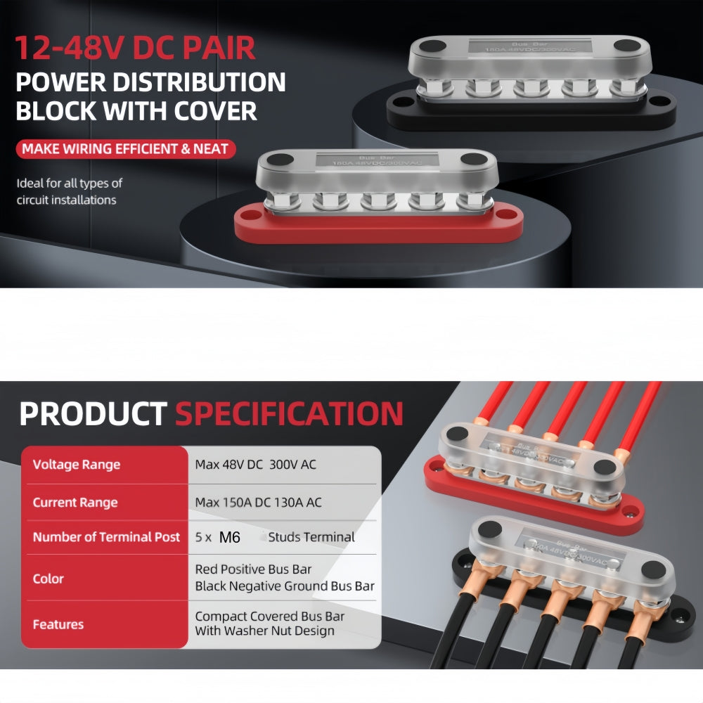 M6 Bus Bar 12V-48V 150A Power Distribution Block 5xM6 Posts Studs Terminal Block