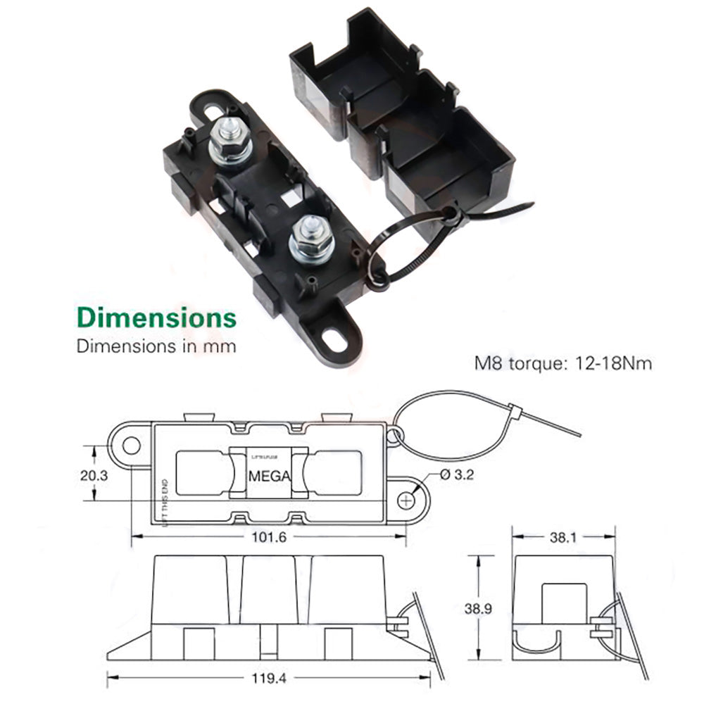 ANM Mega Inline Fuse Holder with Bolt On 500Amp Fuse Supplied Offset Mount Holes