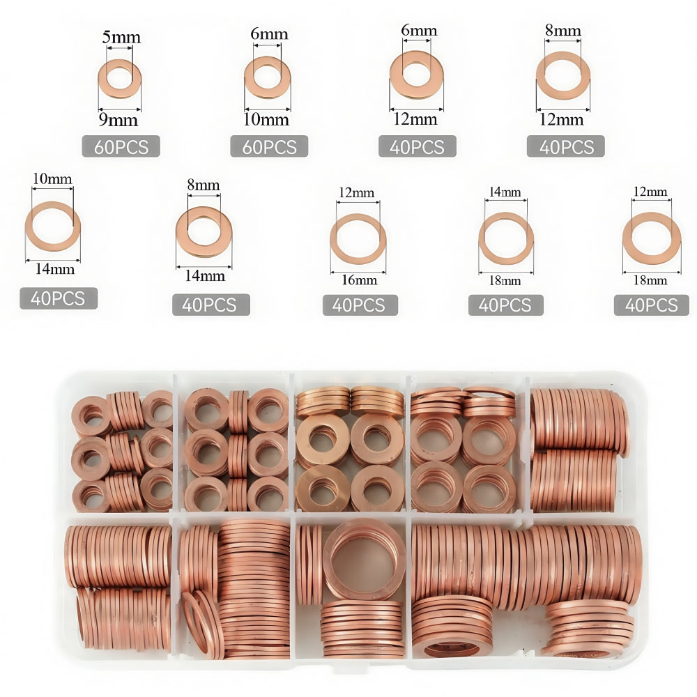 400 x Assorted Copper Sump Plug Washers M5 M6 M8 M10 M12 M14 Suits Most Vehicles