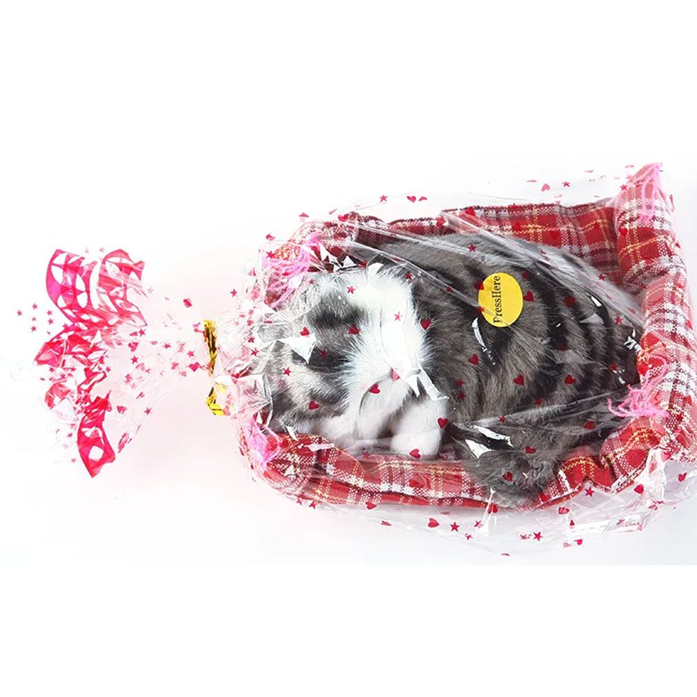 Brown Sleeping Cat in Pet Pad Doll Mini Kitten Toy with Meows Sound Car Decor