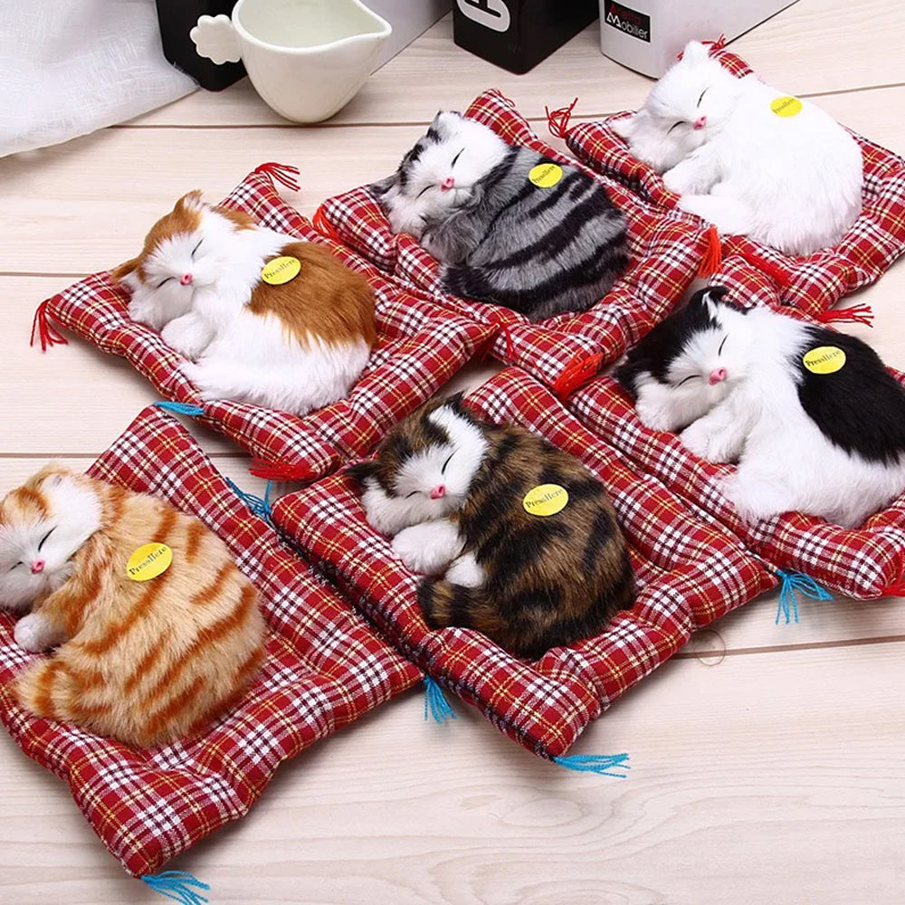 Brown Sleeping Cat in Pet Pad Doll Mini Kitten Toy with Meows Sound Car Decor
