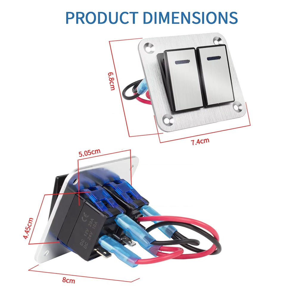 Metal 2 Gang Switch Panel 12V-24V LED Rocker Switch Panel for Car Truck Marine